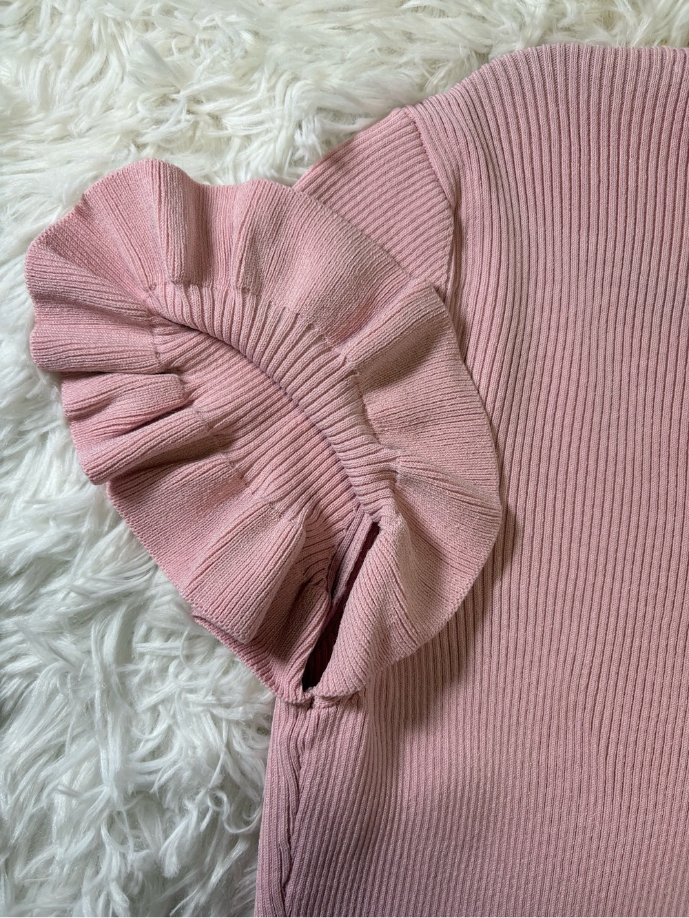 Ted Baker Light Pink Ribbed Top with Ruffle Sleeves - Picture 5 of 9